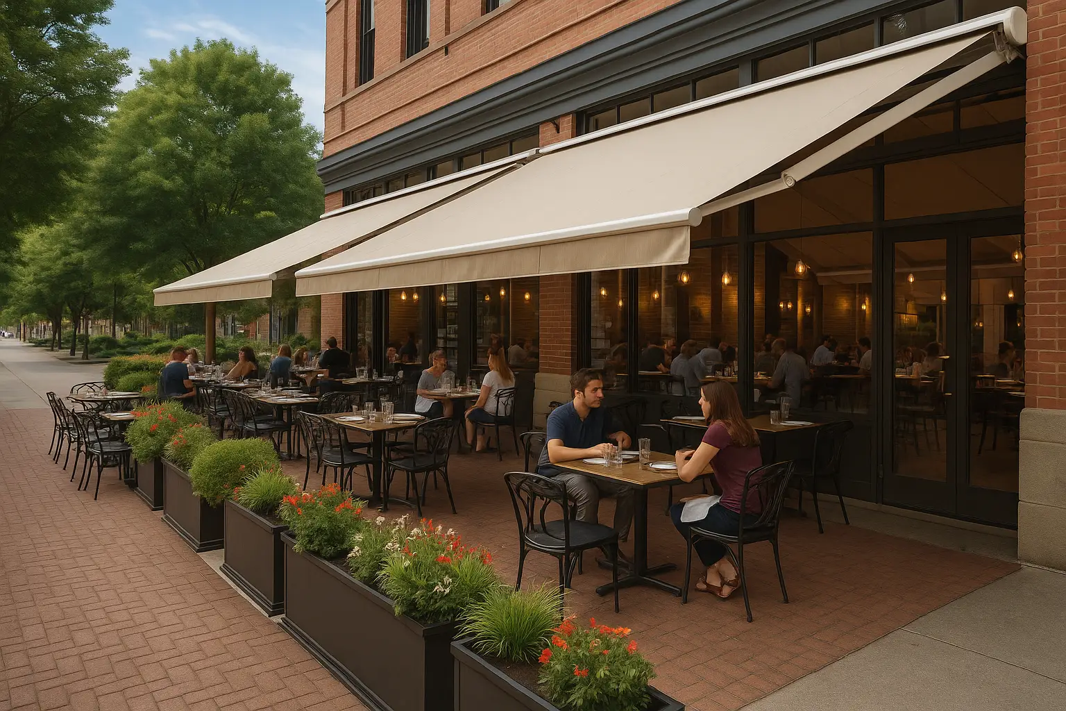 Restaurant exterior with a motorized retractable awning extended over the outdoor dining area, providing shade and weather protection.