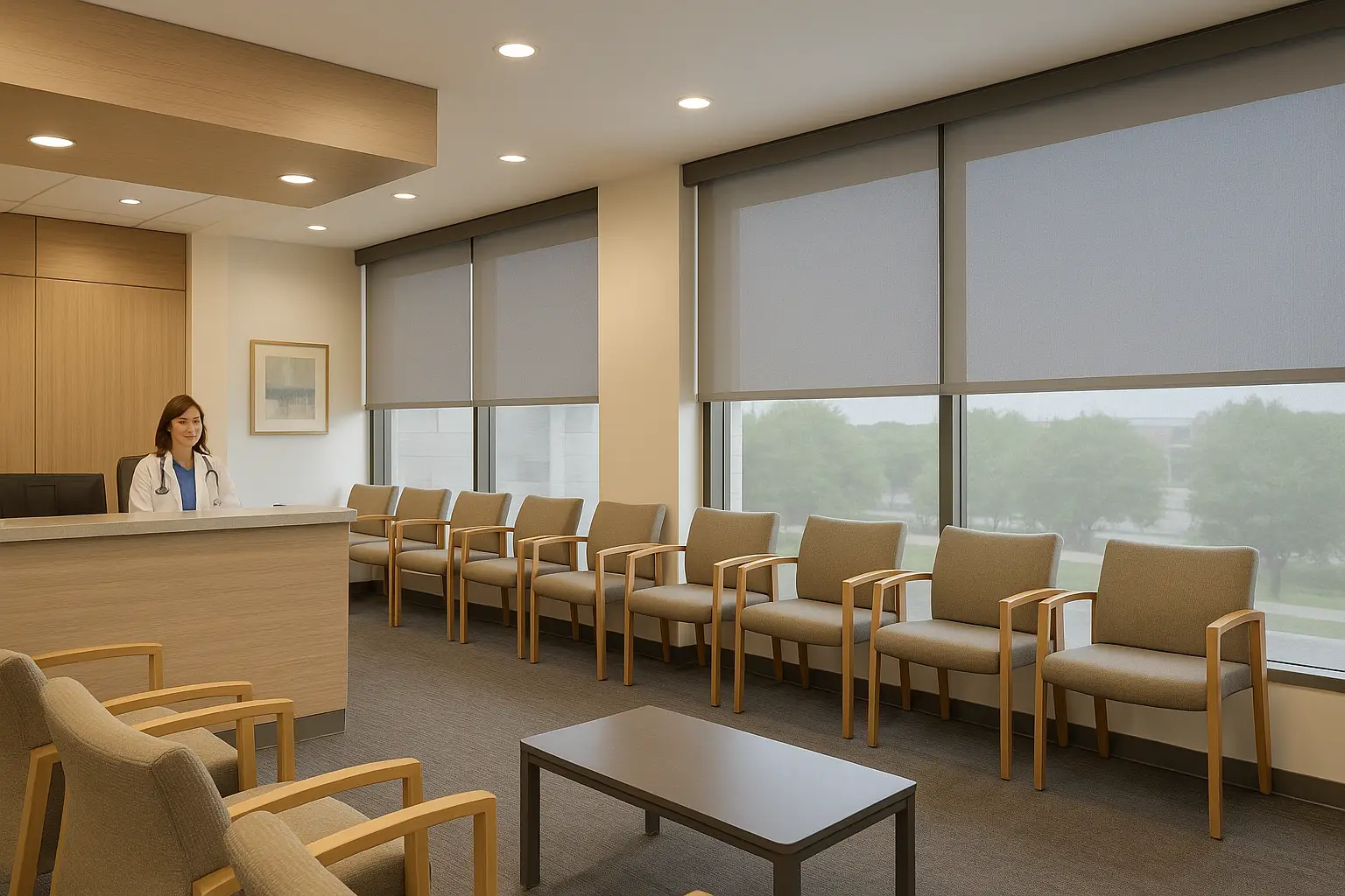 Modern office interior with large windows fitted with sleek, motorized roller shades partially lowered to filter natural light.