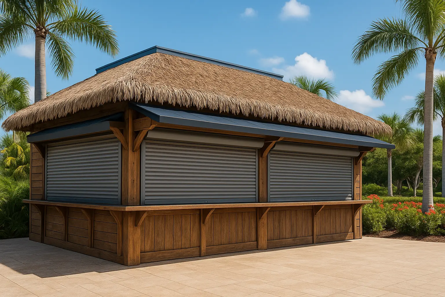 Tiki bar with motorized retractable screens enclosing the open-air seating area, blending with tropical décor and natural wood finishes.