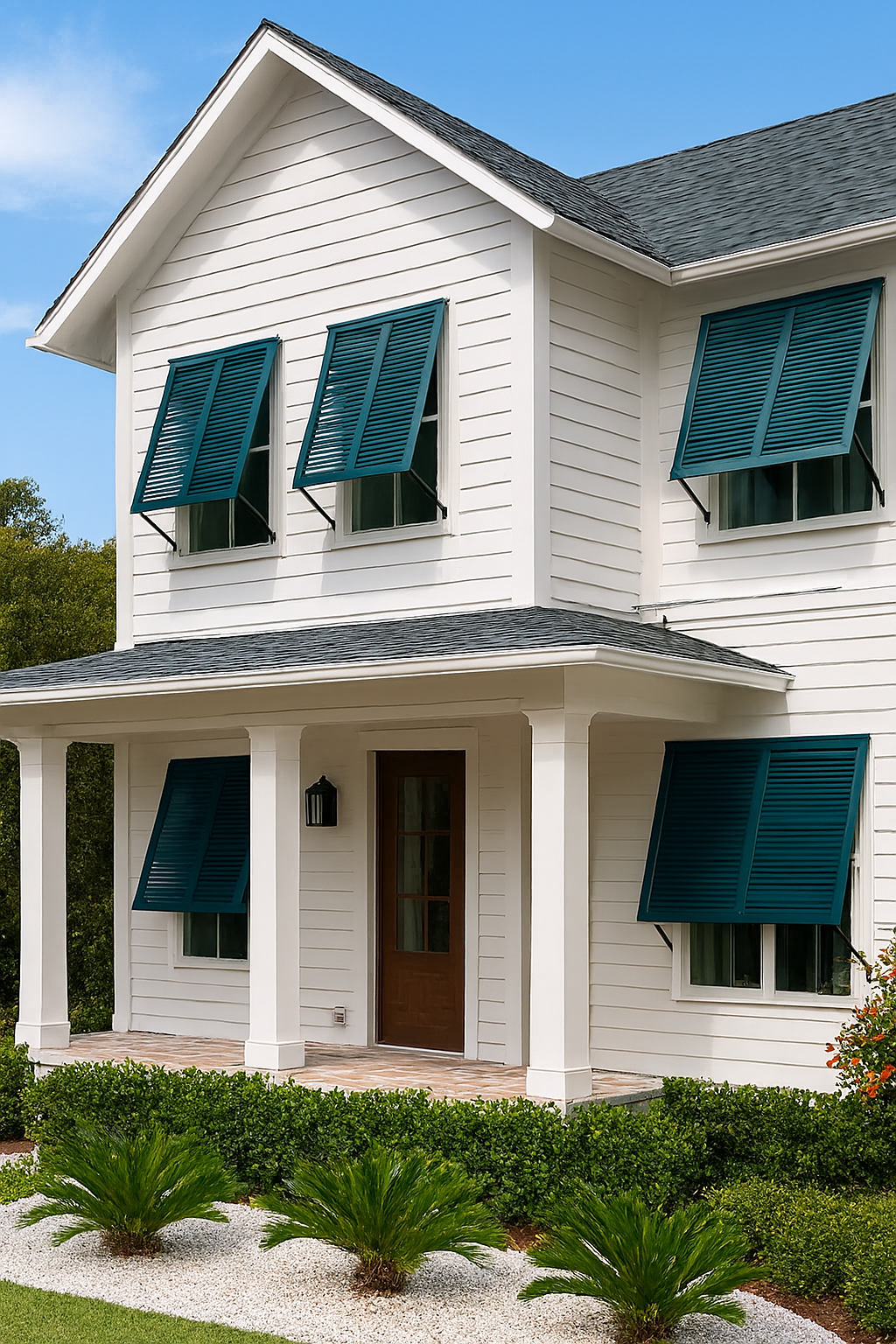 Modern home with custom Bahama shutters providing shade, hurricane protection, and enhanced architectural appeal.