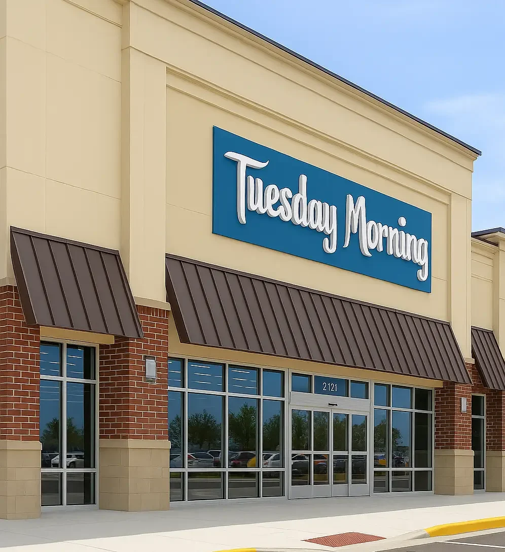 Exterior of a Tuesday Morning retail store with beige stucco, red brick facade, and a blue sign featuring white cursive lettering above the entrance.